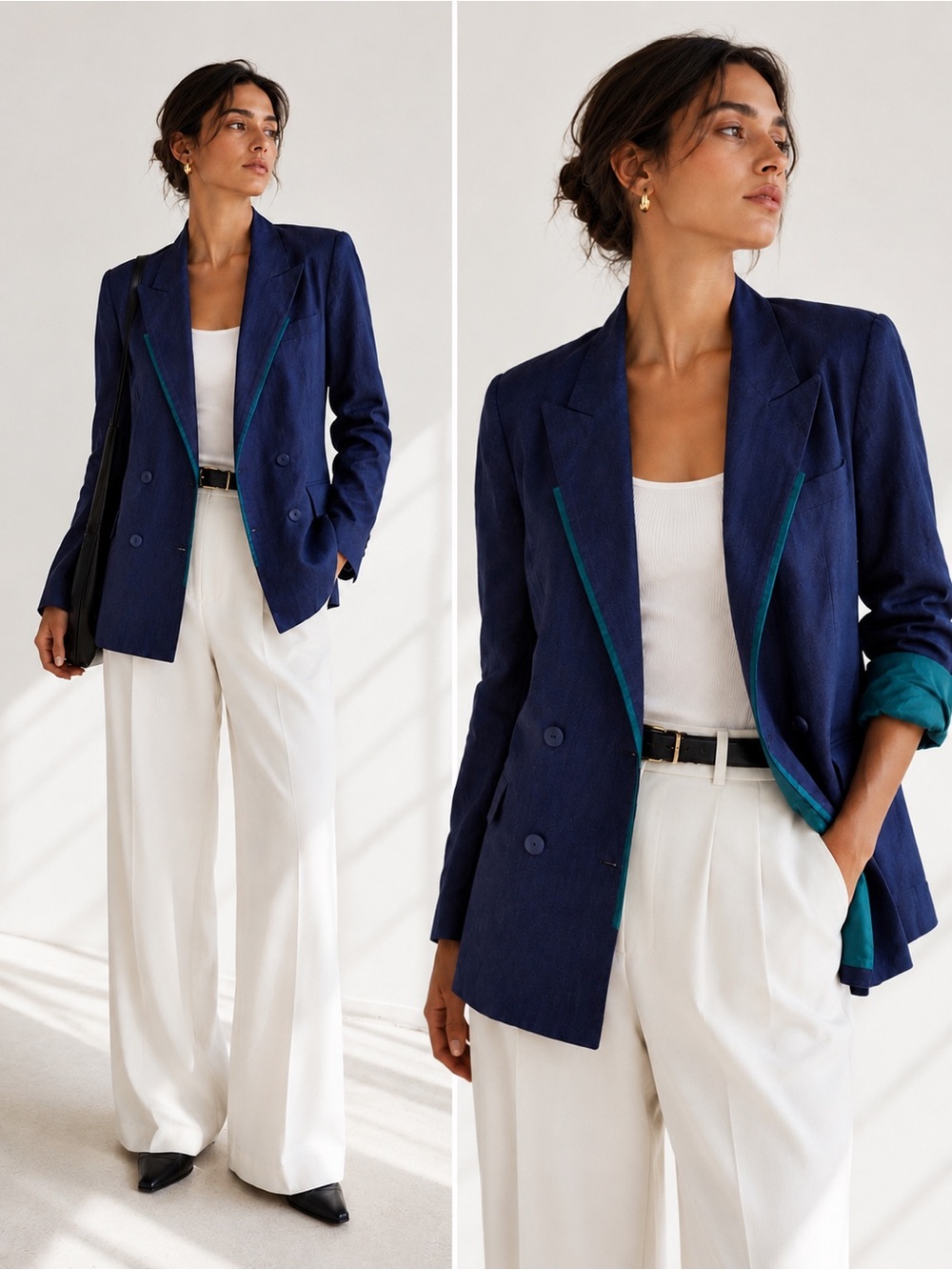 Vintage Blue Linen Blazer With Green Contrast Detail By Harve Bernard Size 8